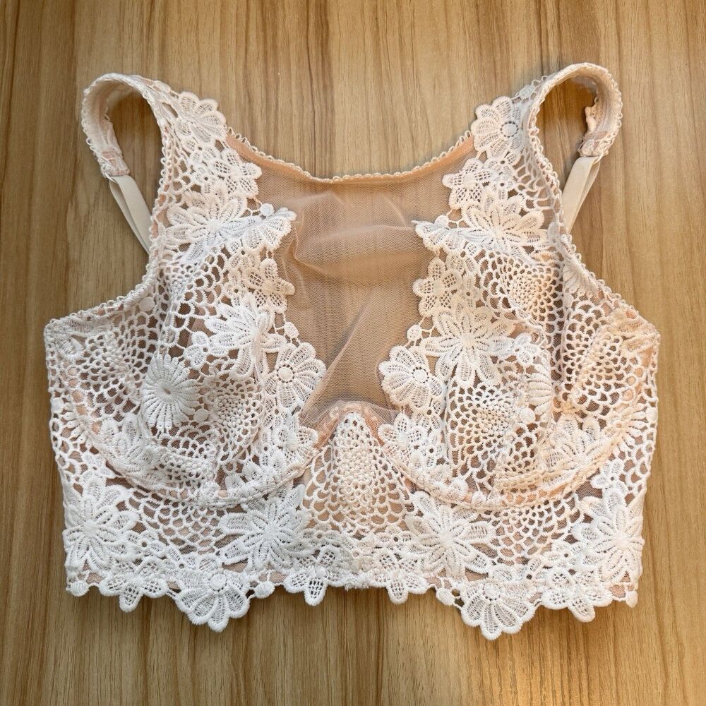 Victoria's Secret Bra 34DD High Neck Crochet Floral Lace Mesh Dream Angels